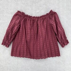 Lane Bryant Blouse Womens 18/20 Eyelet Pink Maroon‎ Top Off Shoulder Cropped